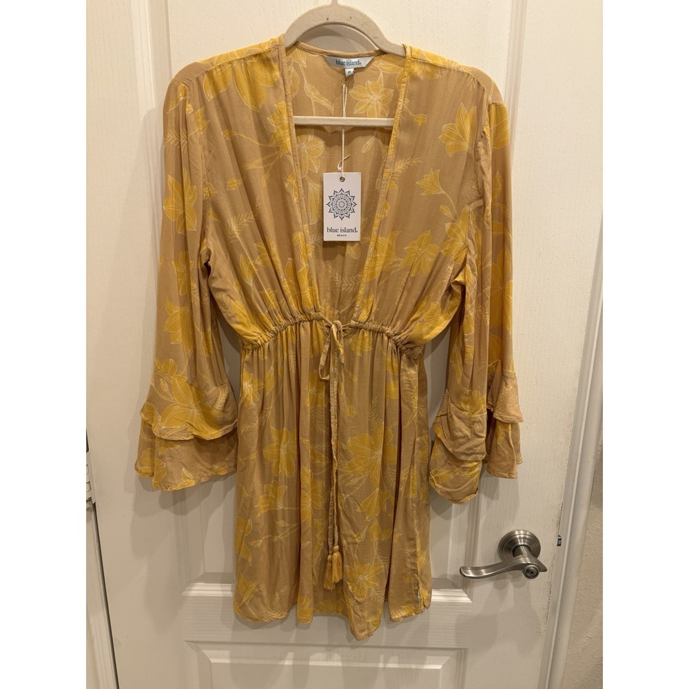 Blue Island Women's Flow‎ Sleeve Swimsuit Cover Up Dress EJ3 Yellow Medium NWT